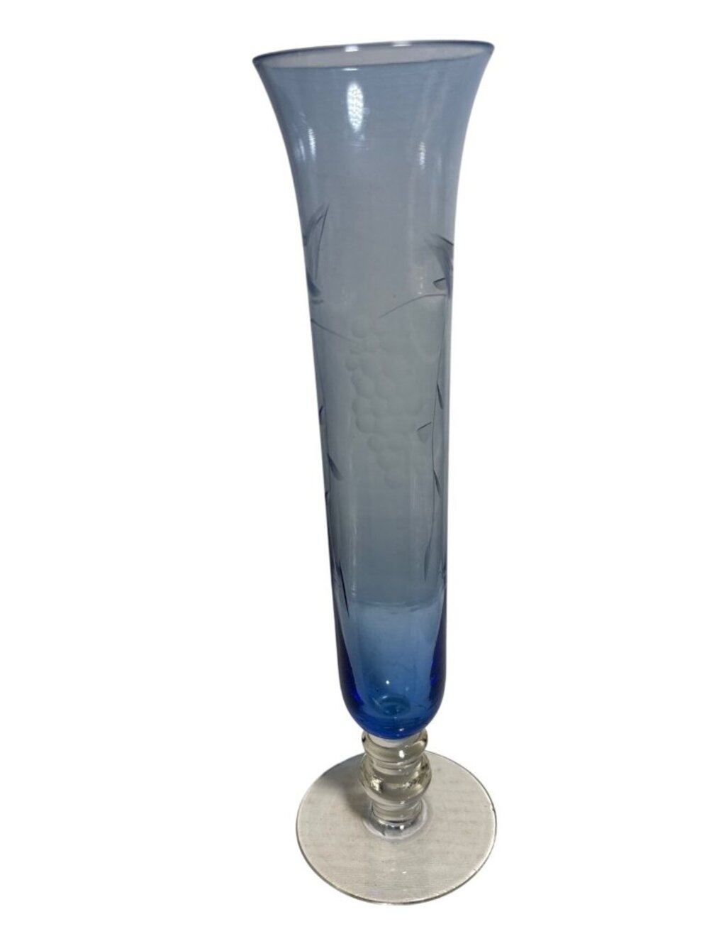 Blue Glass Trumpet Vase Parma by AAI Etched Grapes Leaves Clear Pedestal 8.25"